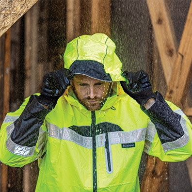 high visibility rain gear working in the rain